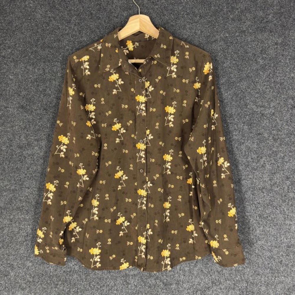 Unbranded Shirt Women M Medium Brown Floral Button Up Collared Long Sleeve